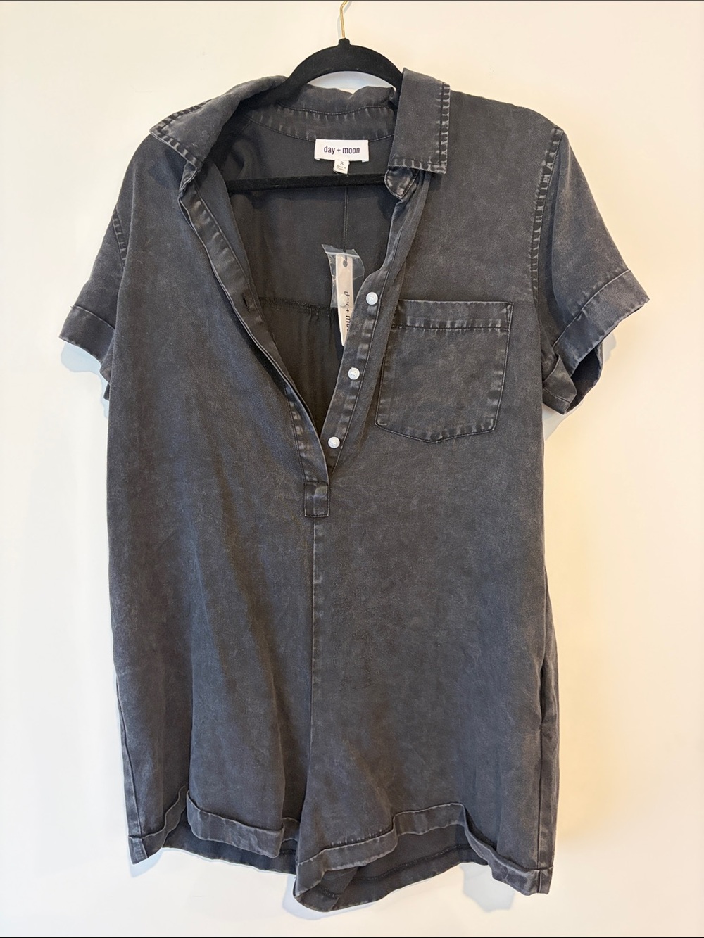 day + moon Washed Black Short-Sleeve Romper Jumpsuit